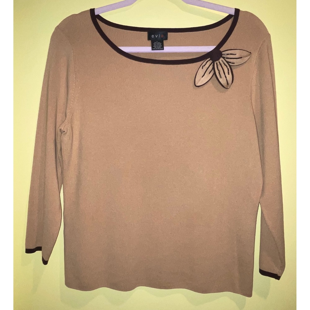 Evie Silk Blend Knit Sweater Top Tan Brown Flower Accent Boat Neck 3/4 Sleeve L